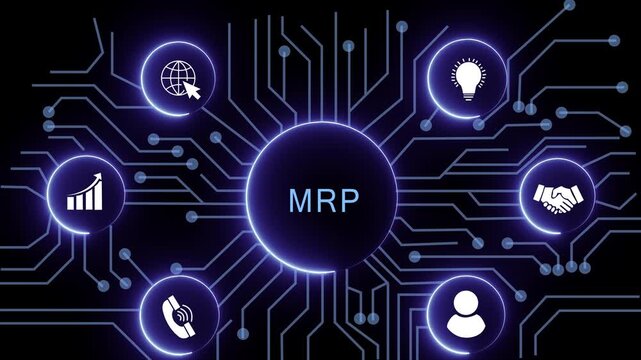 MRP concept with circuit lines and digital symbols hovering above a businessman, technology. manufacturing process management all connected in a digital circle like pattern.