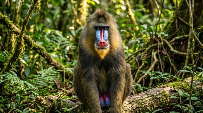 A colorful mandrill monkey sitting in the green tropical jungle forest looking at camera with bright facial markings and thick dark fur in its natural wild animal habitat
