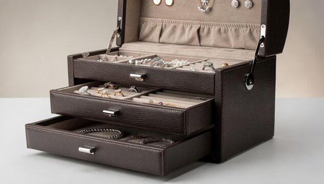 Medium shot of a multilevel leather jewelry box featuring layered compartments a sophisticated hinge system and smooth suede interior for versatile accessory organization.