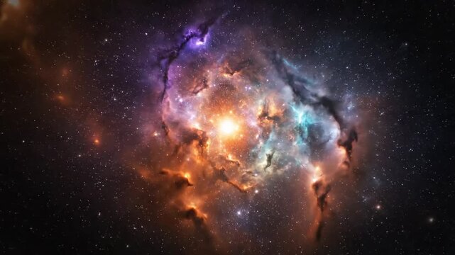 Glowing orange and blue interstellar nebula in deep space.