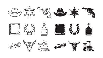 Cowboy western outline and solid icon set. Frontier and wild west accessories line art and silhouette element pack. Hat, Badge sheriff, Revolver, Wanted, Horse shoe, Whiskey, Spur, Skull, Locomotive © salzcreative