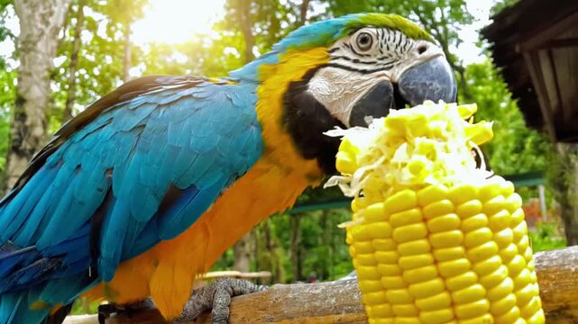 Colorful Blue And Yellow Parrot Eating Fresh Corn Outdoors