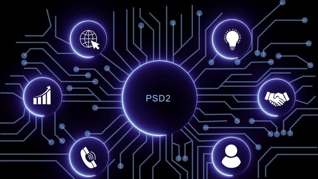 Futuristic abstract electronic circuit network background with glowing PSD2 text