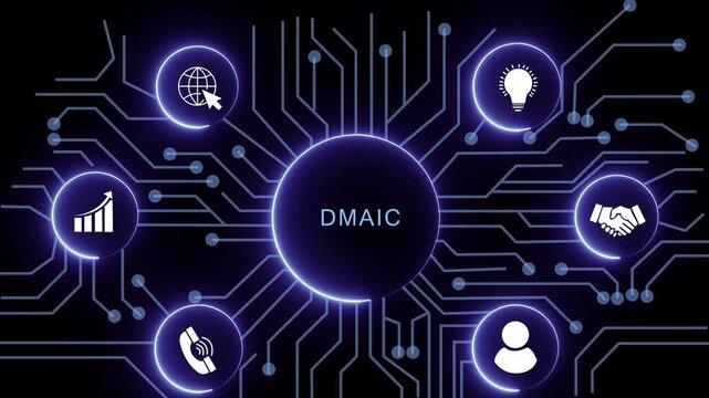 Futuristic electronic circuit board background with central DMAIC text