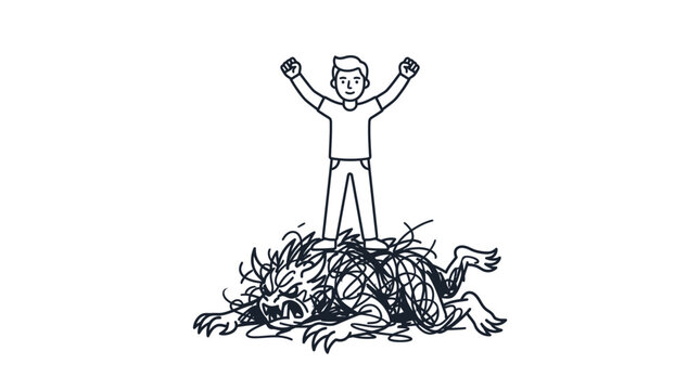 A triumphant person standing victoriously over a defeated monster in a line art illustration.