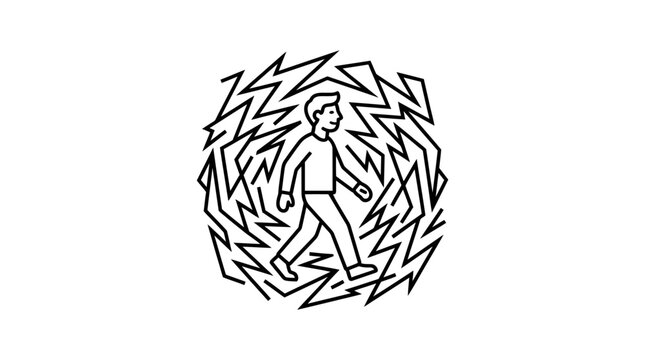 A line art illustration of a person walking calmly through a chaotic storm of jagged lightning bolts.