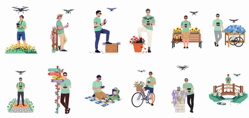 Naklejka premium Set of flat vector illustrations depicting a young man operating a drone in various scenic garden and park settings with colorful flowers.