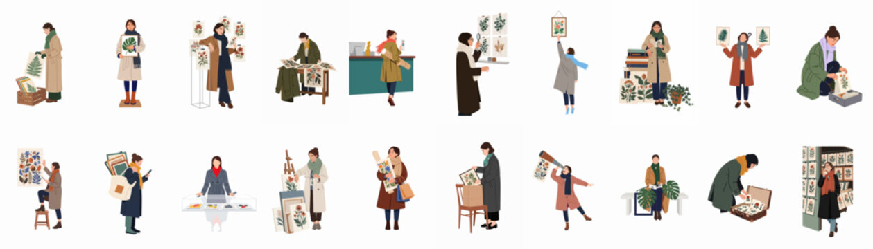 Set of illustrations depicting women in warm winter coats browsing, buying, and displaying various botanical and floral art prints in different settings.