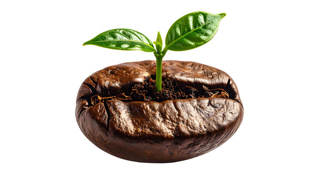Small green plant sprout growing out of a single roasted coffee bean.
