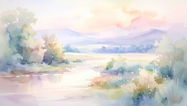 Serene Pastel Watercolor Landscape of River and Mountains