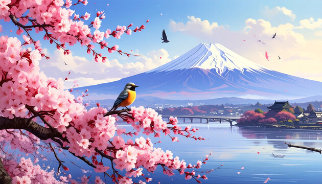 Mount Fuji with Cherry Blossoms and Small Bird by Peaceful Lake