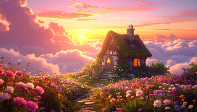 Enchanted fairytale cottage in a floral meadow above clouds at sunset