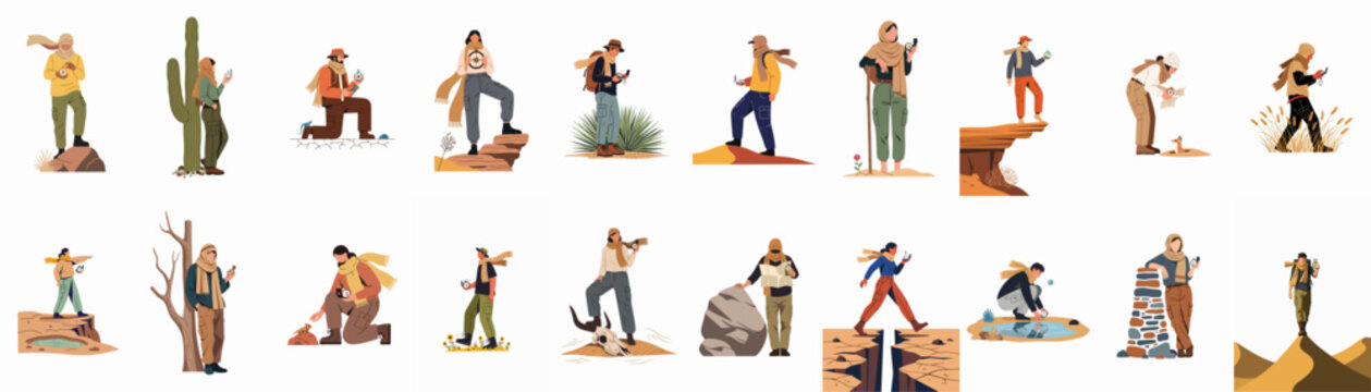 Collection of desert explorers and hikers navigating with compasses and maps in various arid landscapes, flat vector illustration.