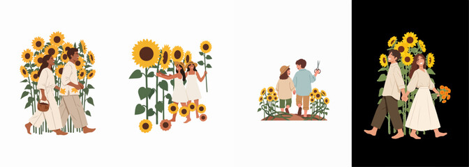 Fototapeta premium Set of minimalist flat vector illustrations showcasing children, couples, and individuals picking and walking through vibrant sunflower fields during the summer season.