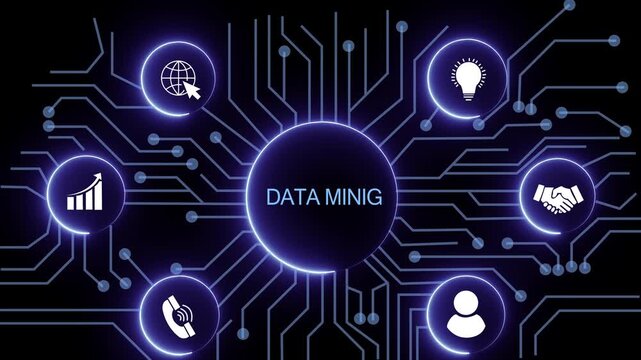 DATA mining concept with circuit lines and digital symbols hovering above a businessman, technology. manufacturing process management all connected in a digital circle like pattern.