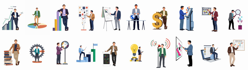 Fototapeta premium Comprehensive set of business illustrations featuring professional men engaged in data analysis, market strategy, financial growth, and strategic planning across various corporate scenarios.