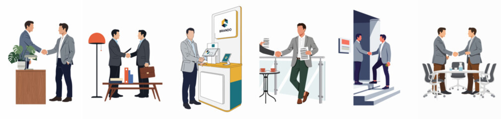 Fototapeta premium Flat illustration collection of business professionals shaking hands, making deals, and collaborating in various office and trade show environments.