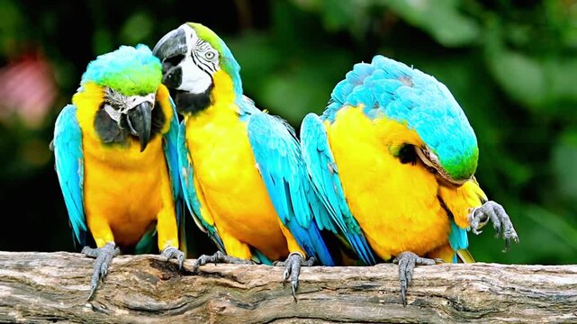 Three colorful blue and yellow parrots perched on tree branch outdoors