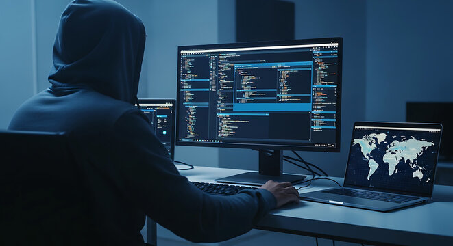Software developer working on computer code and world map data analytics in a dark office room