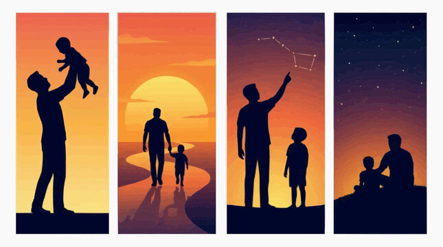 A sequence of four silhouettes depicting a father and child through different stages of life, from infancy to adulthood, under a warm sunset and starry night sky