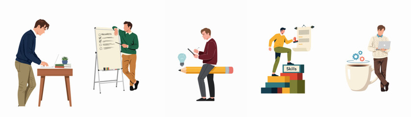 Fototapeta premium Flat illustration set of a professional man working, presenting progress, brainstorming ideas, and developing career skills in various business scenarios.