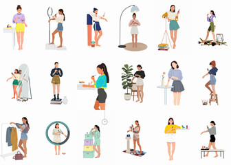 Fototapeta premium Collection of diverse young women in various lifestyle and beauty routine poses, featuring flat vector illustrations of fashion, makeup, and daily activities.