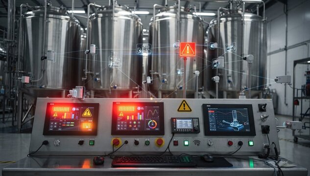Medium shot capturing alert lights flashing on control panels indicating syrup tank monitoring alerts via wireless sensor network.