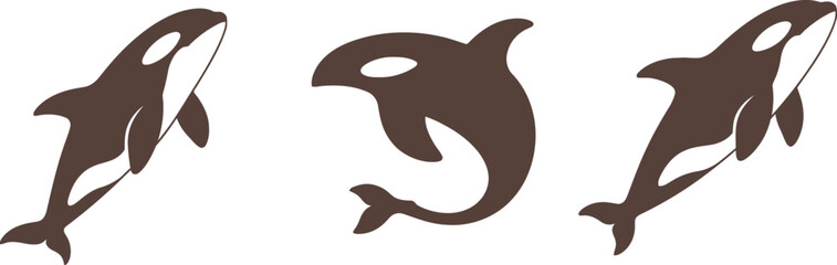 Collection of clean and modern orca whale silhouettes featuring multiple swimming poses and killer whale designs. © Netsolbiz