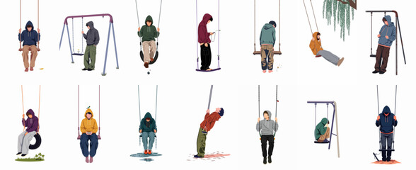 Collection of lonely and melancholic teenage boys in hoodies on various swings, illustrating themes of depression, isolation, and youth mental health problems. © Johnwilliam