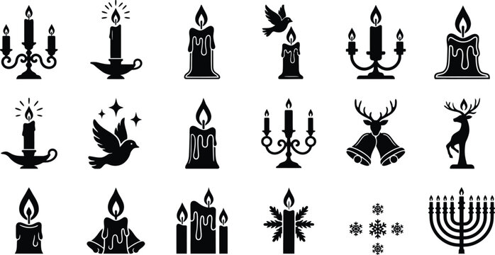Christmas Candle Icons Collection Vector Set, Festive Holiday Symbols with Candelabra Dove Deer Bells Snowflakes Menorah
