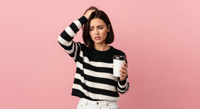 Young woman holding a coffee cup and scratching her head in confusion, isolated on a pink background.