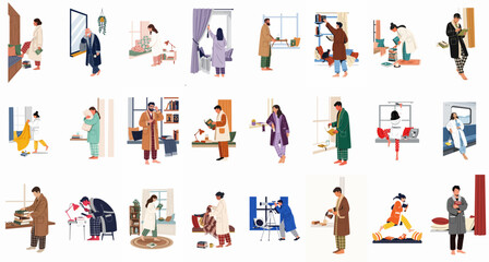 Obraz premium Collection of flat illustrations showing people in pajamas and bathrobes engaged in various indoor activities like reading, morning routines, and relaxing at home.