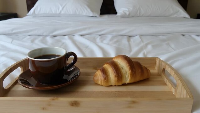 A serving board made from timber containing a mug of hot caffeinated beverage and buttered pastries arranged atop a sleeping furniture selective focus on the coffee cup and croissants on the tray mor