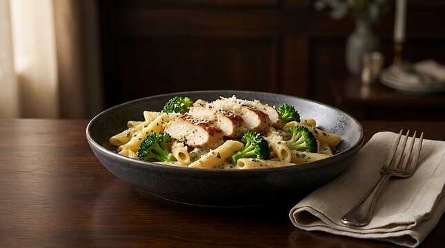 A delicious bowl of creamy chicken broccoli ziti served with perfectly cooked penne pasta and fresh green florets on a rustic wooden dining table setting