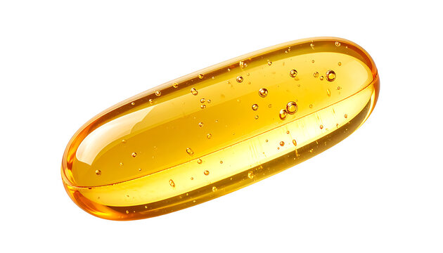 Single golden fish oil capsule supplement for health and wellness isolated on white background.