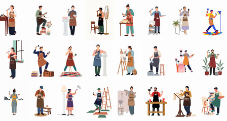Fototapeta premium A diverse collection of makeup artists and painters in various creative workshop settings, shown in a flat vector illustration style isolated on white.