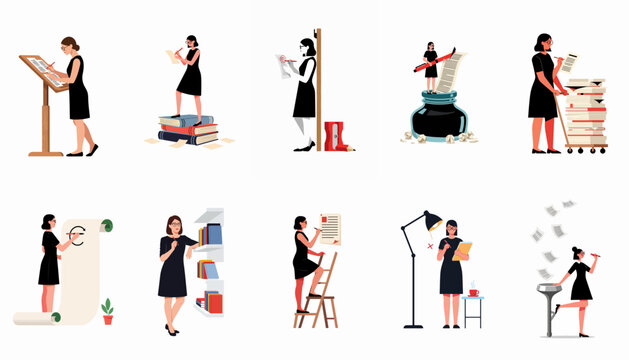 Flat vector illustrations depicting a professional woman engaged in various writing, editing, and publishing tasks across different creative scenarios.
