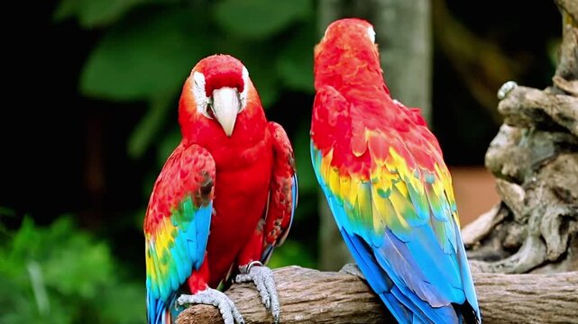 Two vibrant red and blue macaws perched on a natural wooden branch outdoors