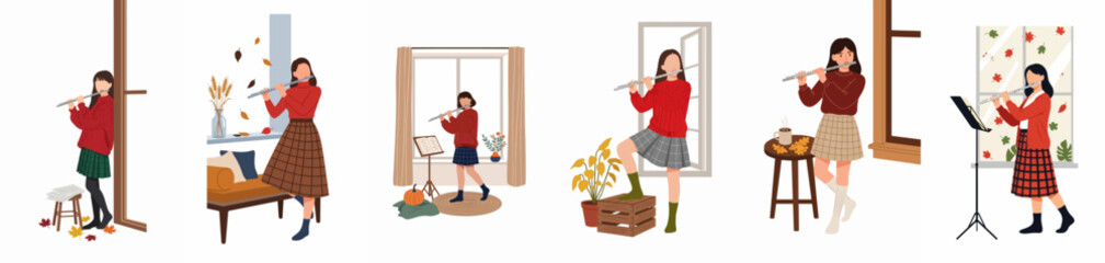 Set of young women playing the flute in cozy autumn interior settings, flat vector illustration. © davidmiller