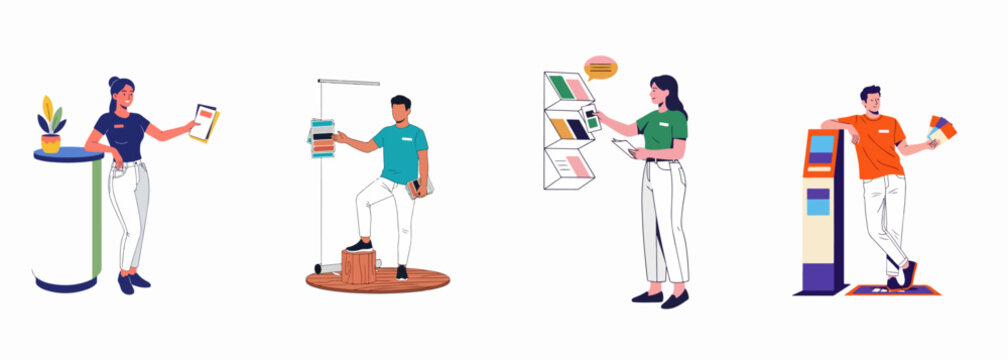 Vector illustration of professional staff and customers interacting with information kiosks, brochure stands, and promotional displays in an exhibition or retail environment.