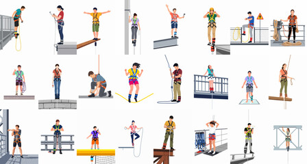 Collection of flat vector illustrations featuring people wearing safety harnesses for industrial work, climbing, and extreme height activities. © davidmiller