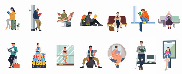 Fototapeta premium Vector illustration collection of diverse people reading books while waiting for flights or trains at airports and stations.