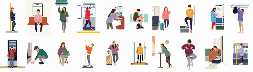 Fototapeta premium Flat vector illustration collection of diverse people commuting and traveling by subway and train, engaging in various everyday activities.