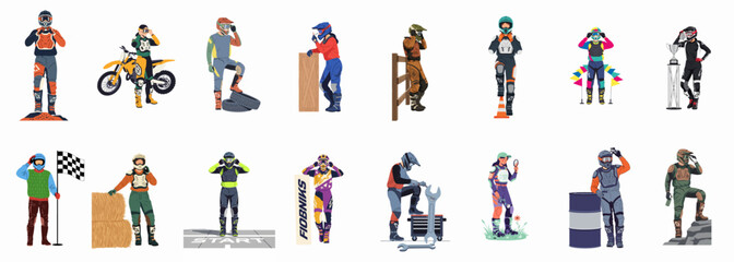 Fototapeta premium Set of diverse motocross riders in full racing gear, featuring various poses, equipment, and race-day scenarios on a white background.