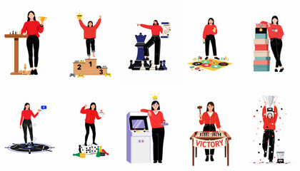Set of vector illustrations showing a woman celebrating victories in strategy games, chess, arcade gaming, and sports competitions with trophies and medals. © davidmiller