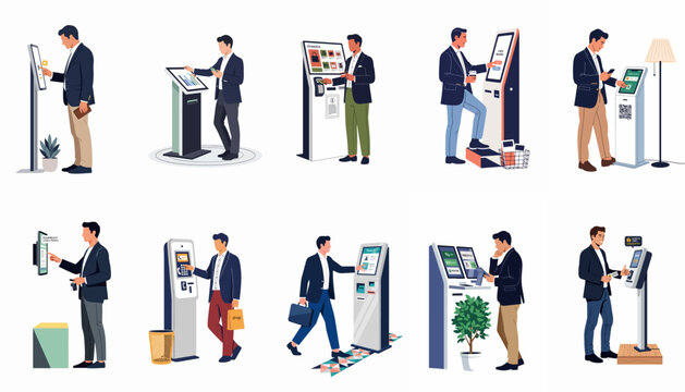Collection of flat vector illustrations showing a businessman interacting with various digital self-service kiosks, information terminals, and automated payment machines.