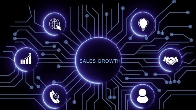 sales growth concept with circuit lines and digital symbols hovering above a businessman, technology. manufacturing process management all connected in a digital circle like pattern
