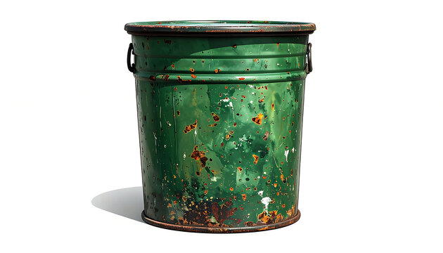 Vintage green metal bucket with weathered texture and rusted details on white background.