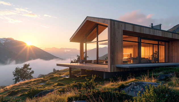 Modern wooden mountain cabin with scenic sunrise view