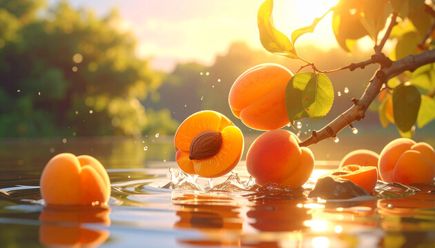 Fresh Ripe Apricots Splashing in Water during Golden Hour Sunset